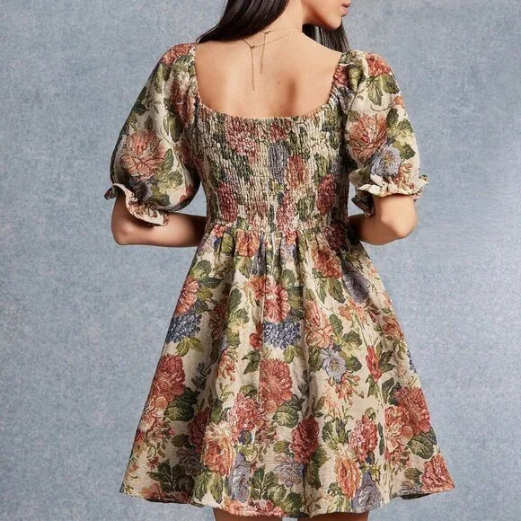 Multicolor Boho Women's Floral Jacquard Mini Dress - Picture 2 of 5